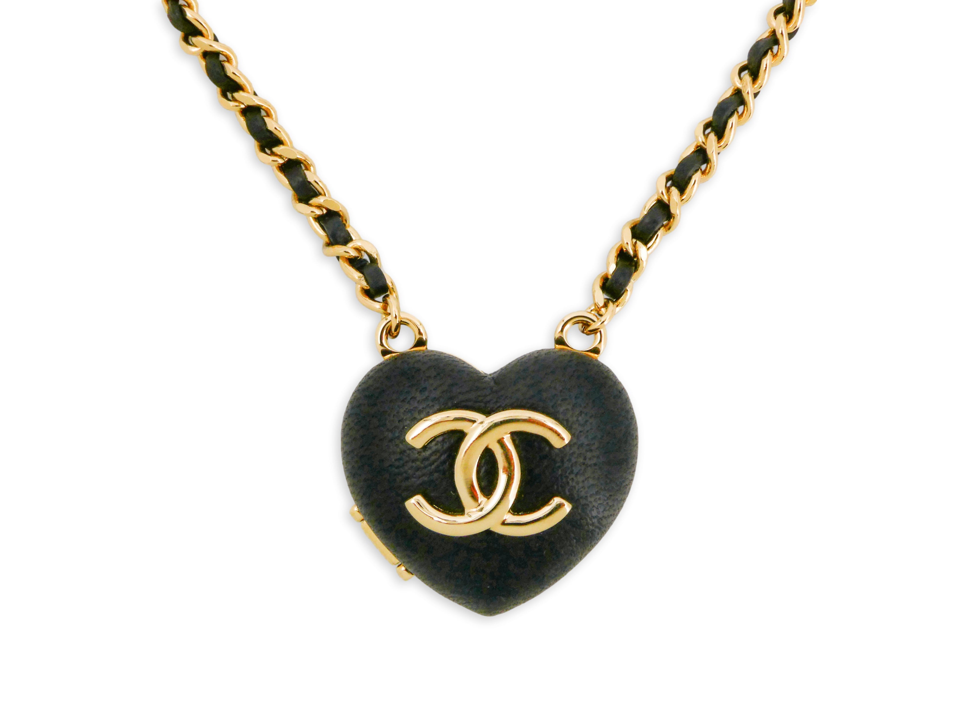 NIB Chanel 22K Black Leather Heart Mirror Locket Woven Chain