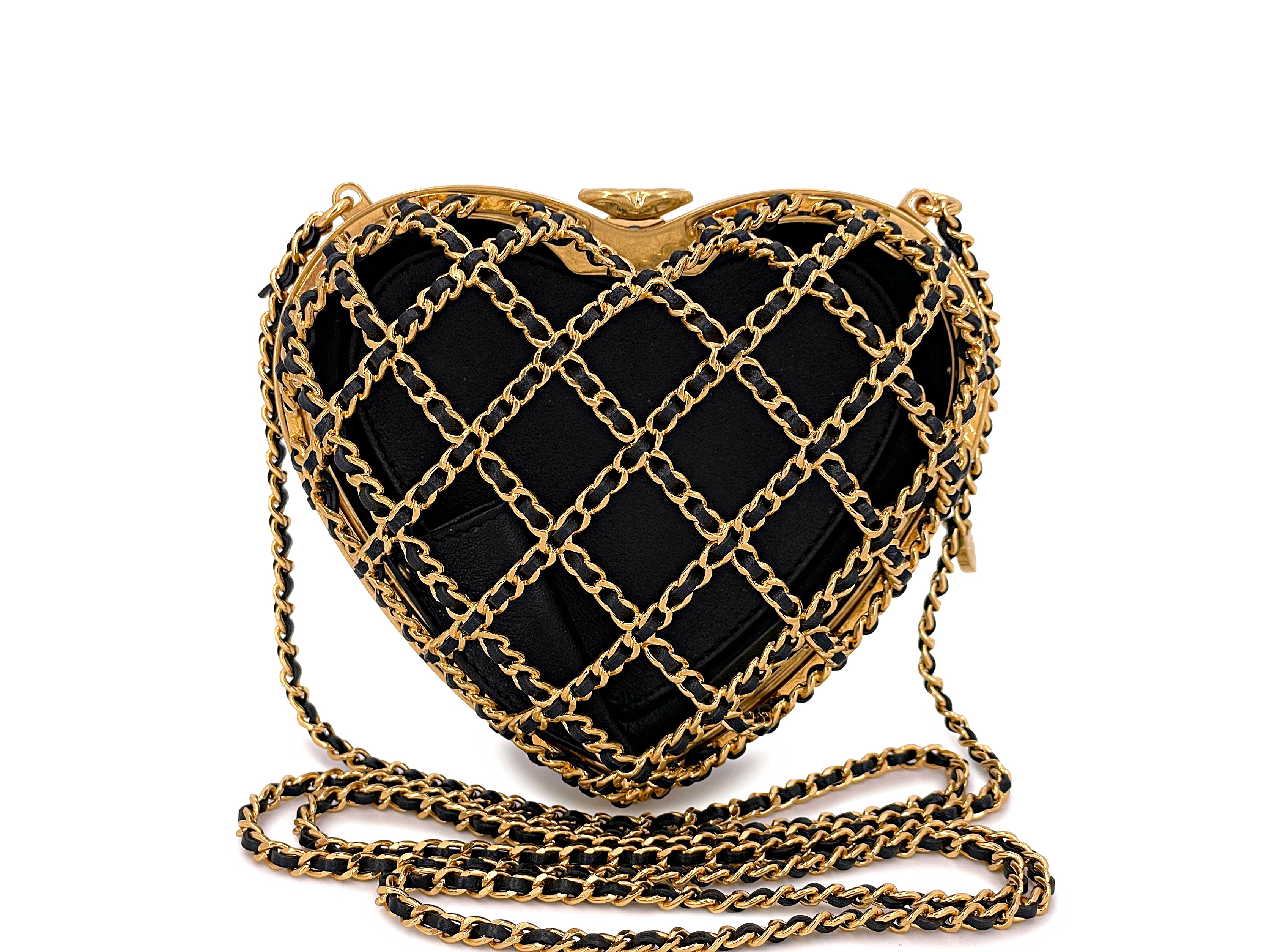 image of Chanel Heart Minaudière Bag 23S Caged Evening Clutch Gold Black NIB 7LS