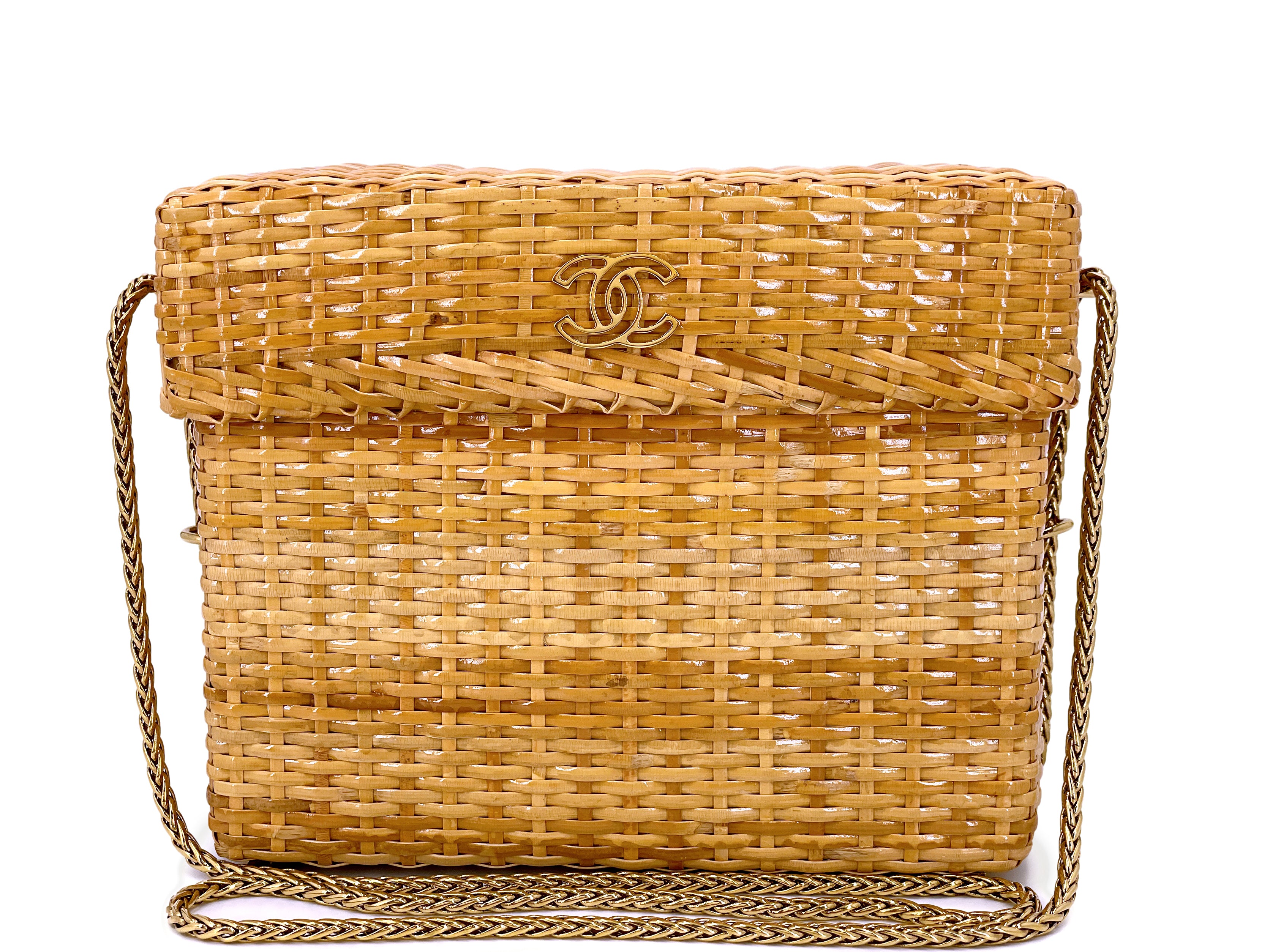 image of Chanel Vintage Wicker Bag Mini Picnic Basket Rattan with Chain K8Q