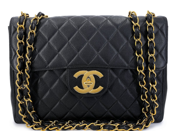 Chanel 1995 Vintage Black Caviar Horizontal Classic Jumbo Flap Bag