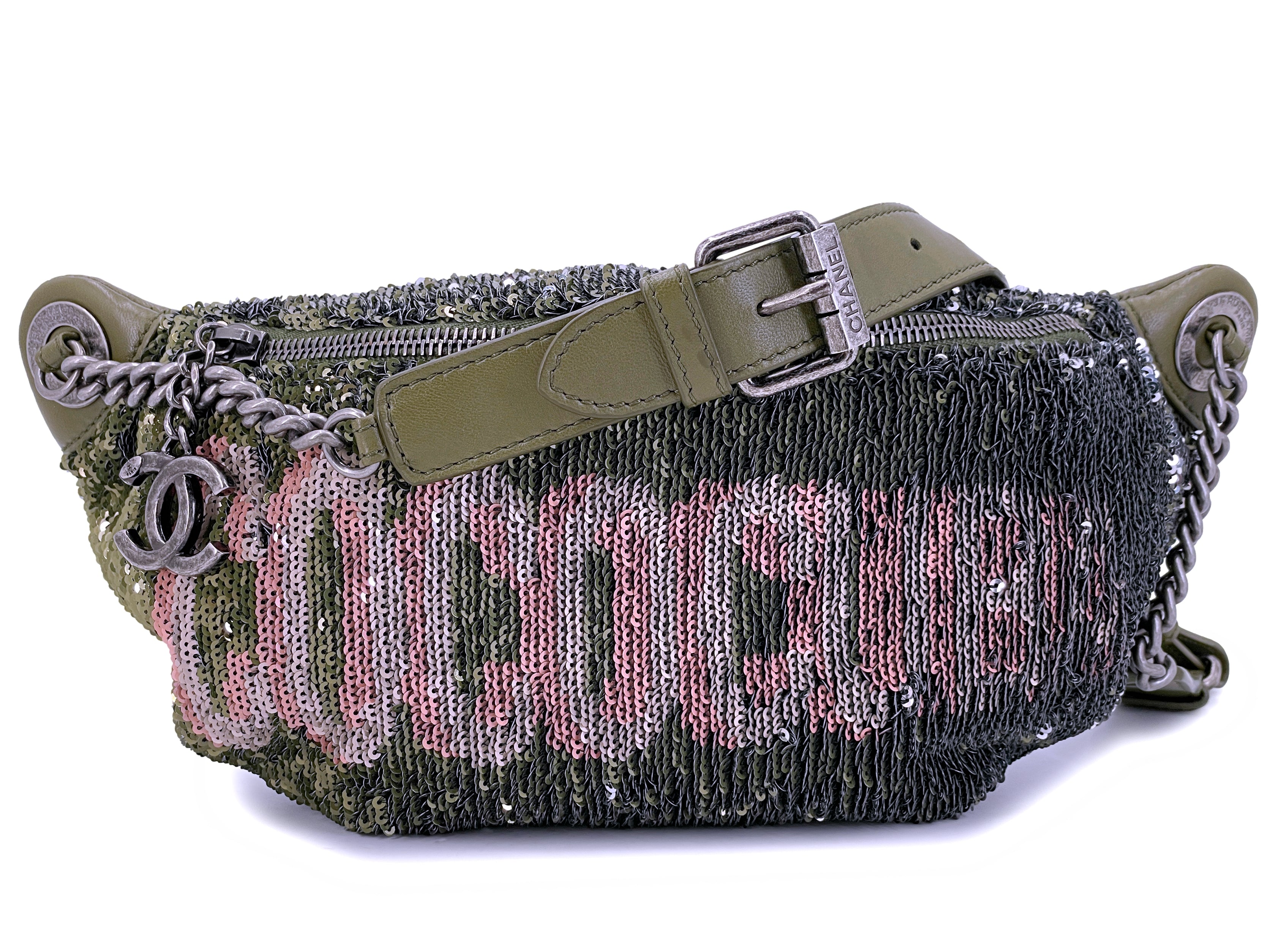 image of Chanel 17C Green Pink Sequin Coco Cuba Fanny Pack Belt Bum Bag L29