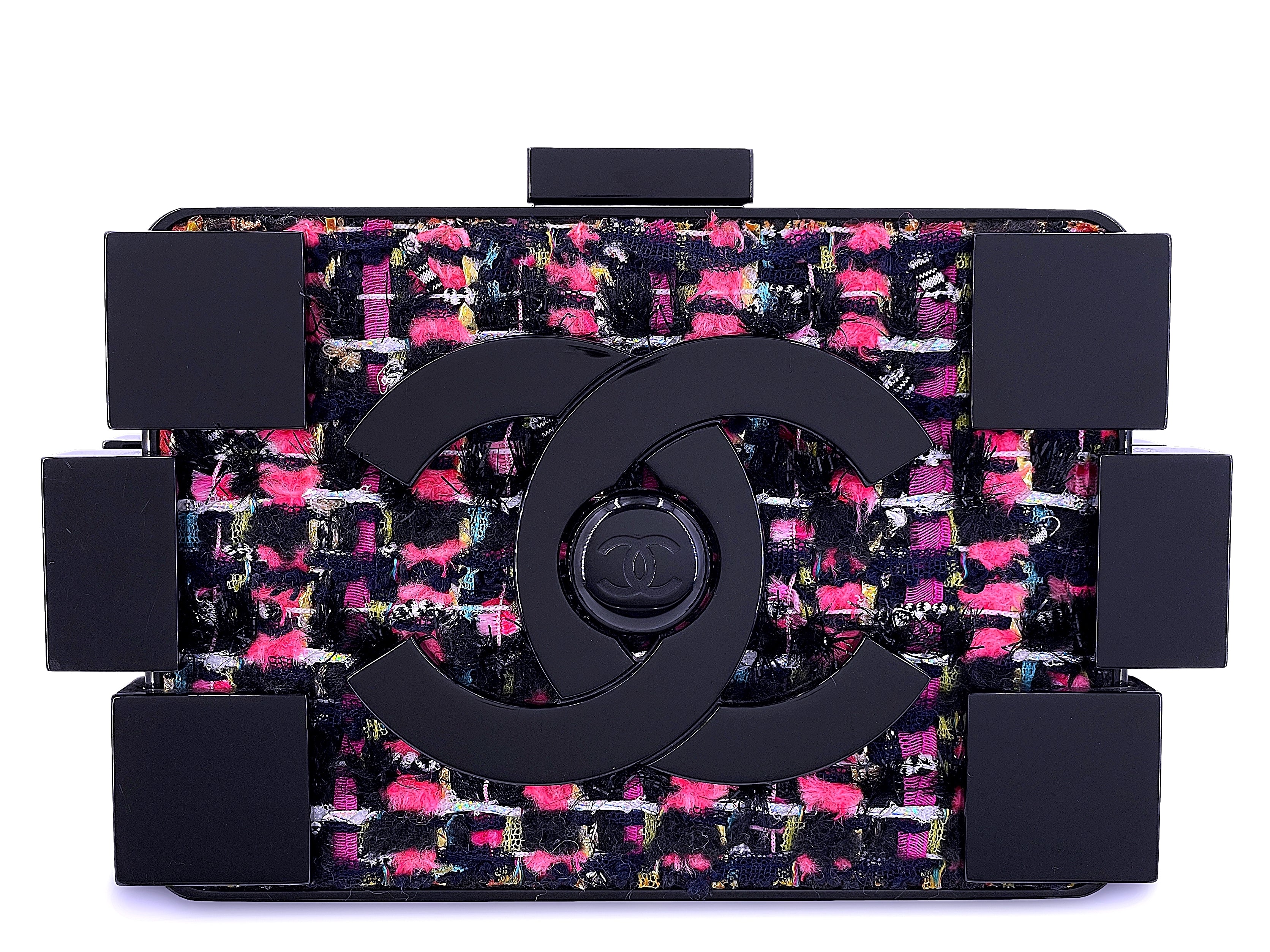 image of Chanel 2013 Fuchsia Black Tweed Lego Brick Minaudière Clutch Bag RHW Plexiglass F95