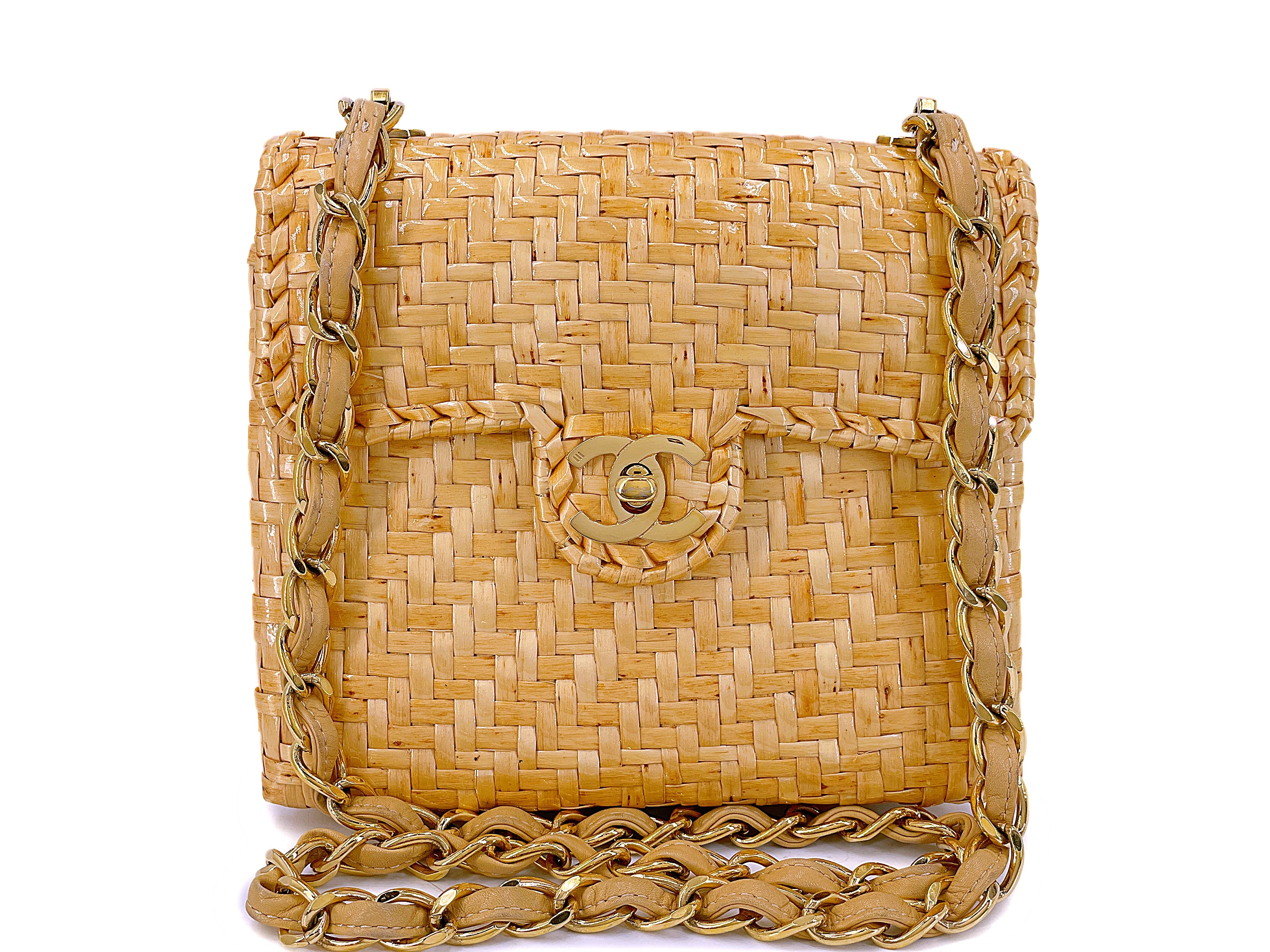 image of Rare Chanel 2000 Vintage Rattan Wicker Mini Flap Bag 24k GHW 11J