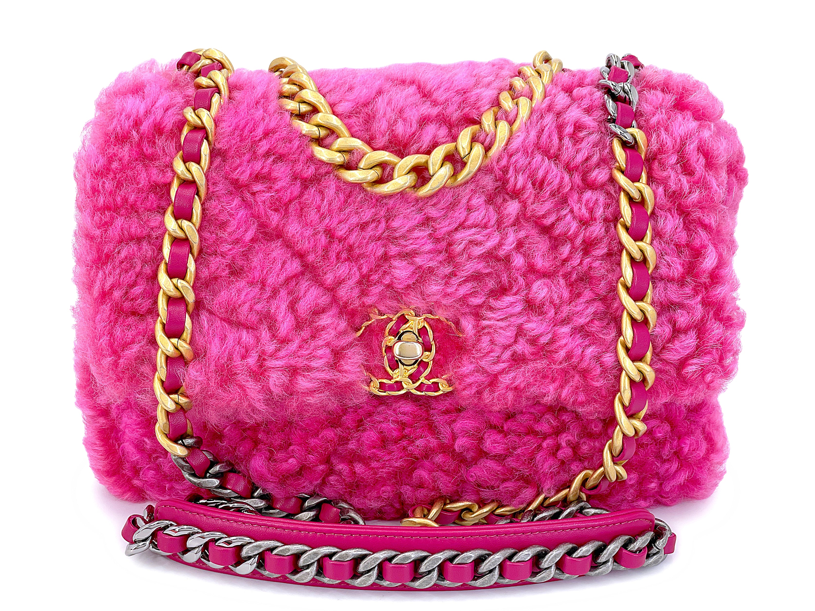 image of Chanel 19 Pink Shearling Fur Small Medium Flap Bag