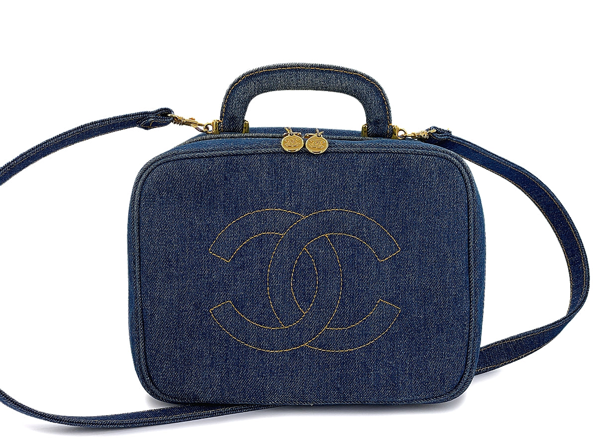 Image of Chanel 1997 Vintage Blue Denim "Lunch Box" Vanity Timeless Logo Bag PIQ