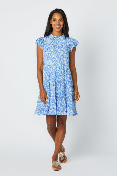 Sail to Sable Long Sleeve Flare Tunic Dress - Blue Vines