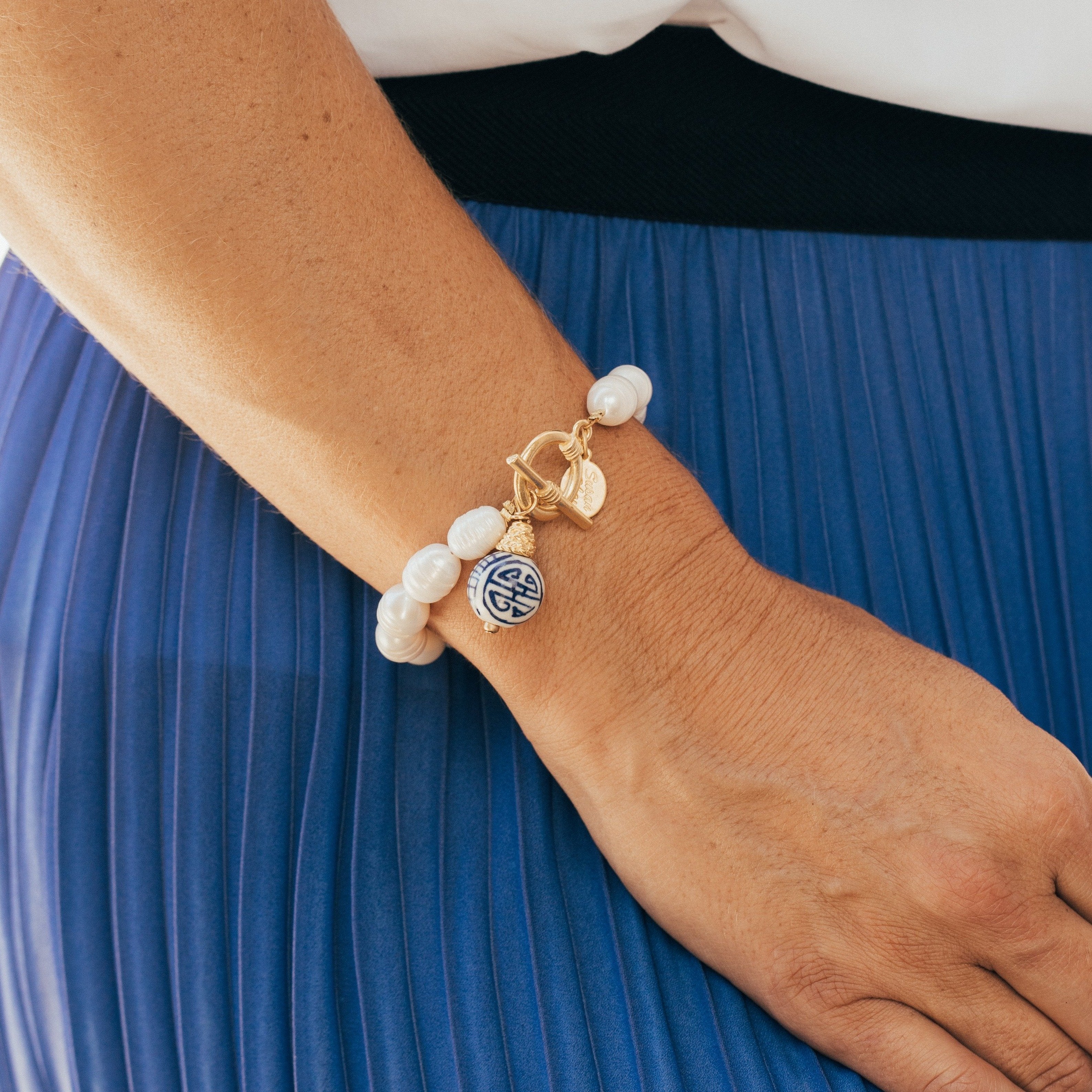 Susan Shaw Blue & White Pearl Toggle Bracelet