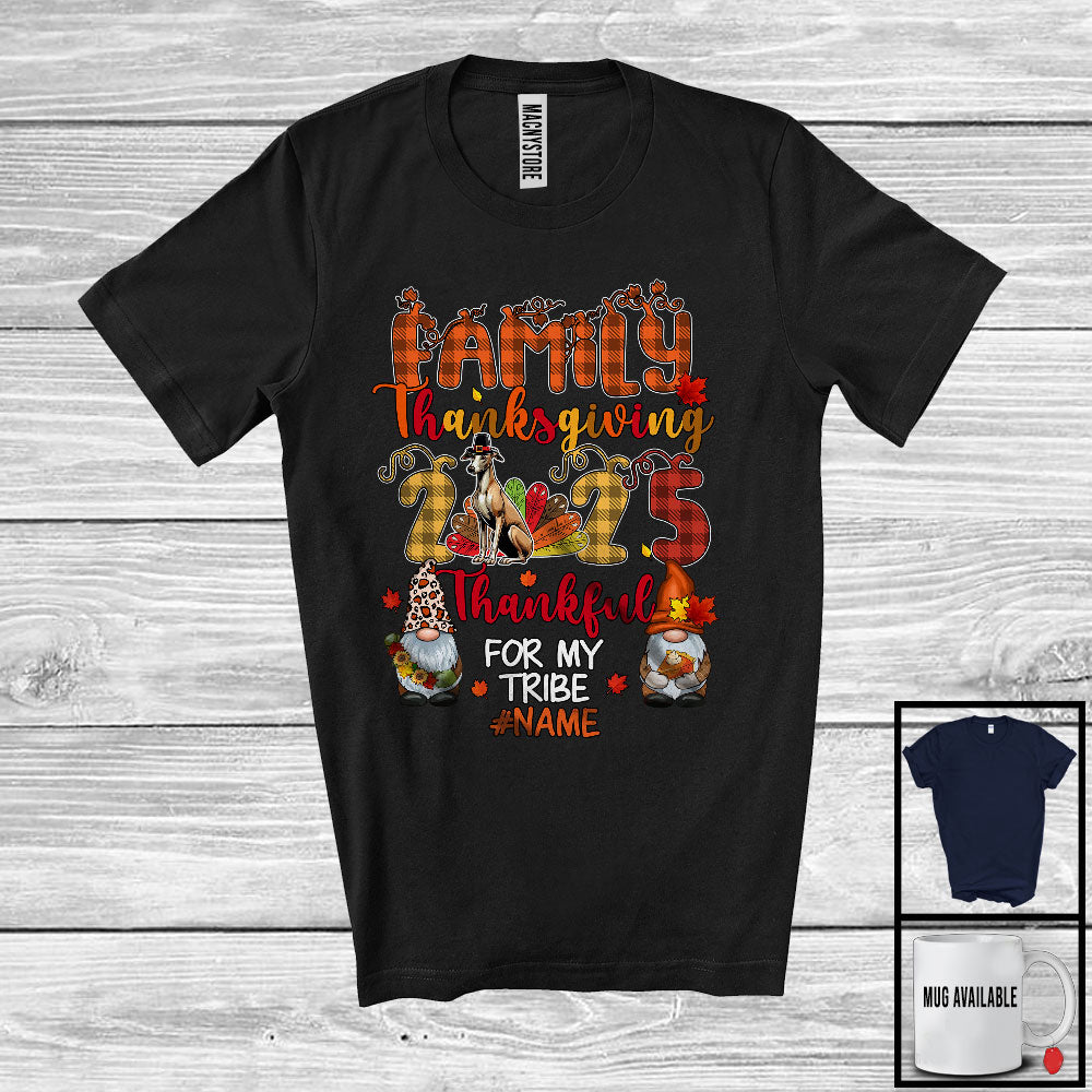 Personalized Custom Name Family Thanksgiving 2025; Thankful Plaid Whippet Turkey Gnomes T-Shirt