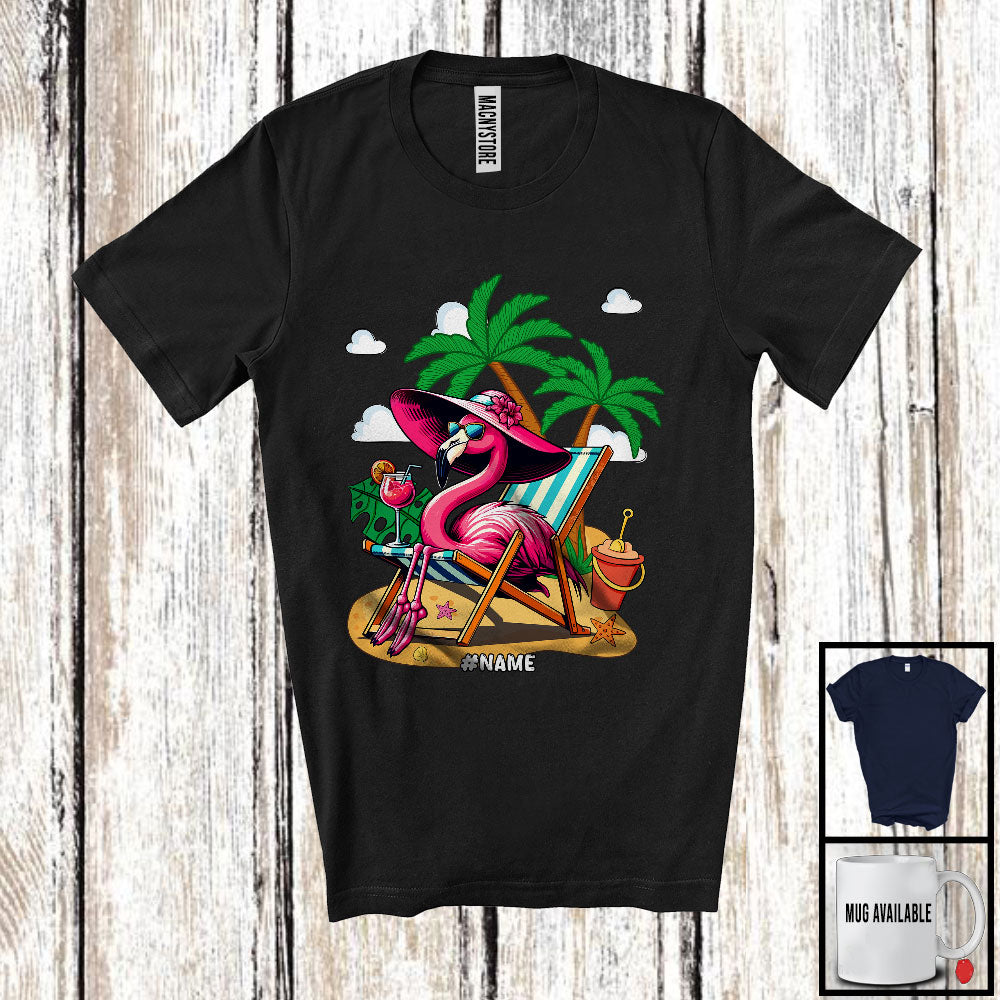 Personalized Custom Name Pink Flamingo On Beach, Lovely Summer Vacation Palm Tree, Family T-Shirt