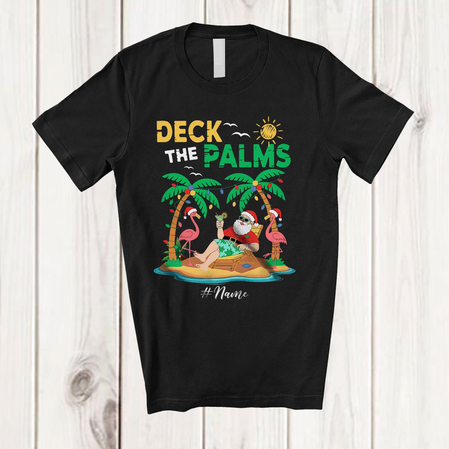 Personalized Deck The Palms; Joyful Christmas In July Summer Custom Name Santa Flamingo T-Shirt