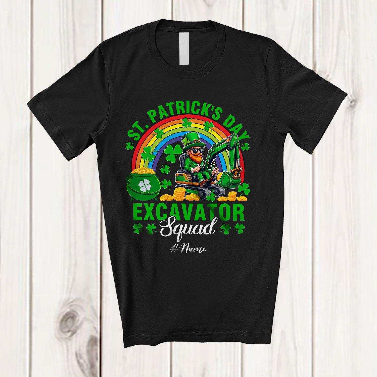 Personalized St. Patrick's Day Excavator Squad; Joyful Leprechaun Custom Name Excavator Driver T-Shirt