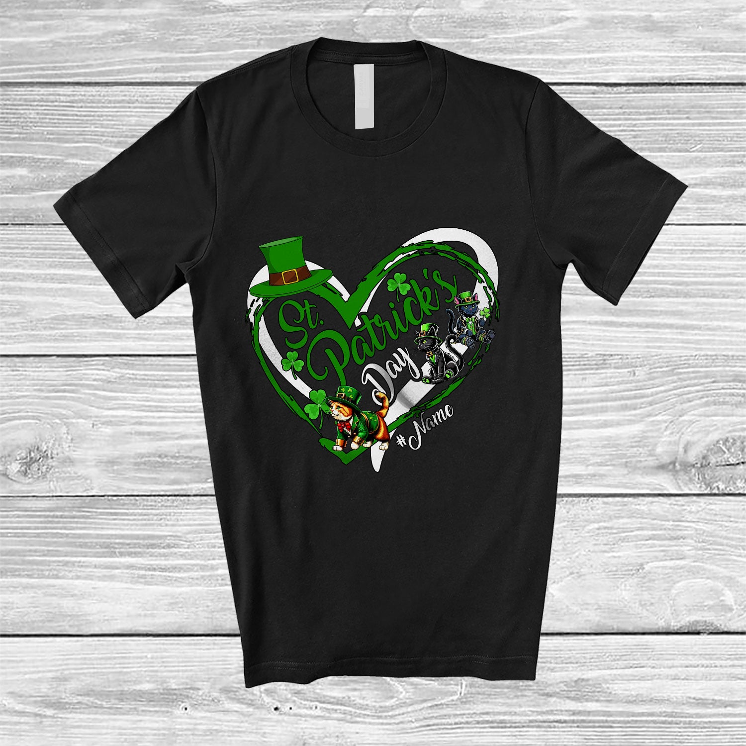 Personalized St. Patrick's Day; Lovely Custom Name Leprechaun Cat Heart Shape; Shamrock T-Shirt