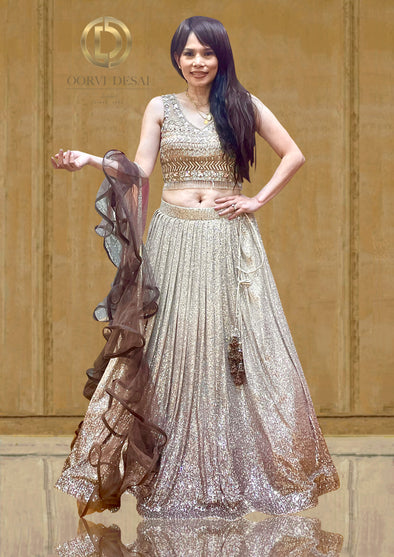 Irresistible Dark-brown thread and sequins embroidered net fabric lehenga  choli for wedding - MEGHALYA - 3777590