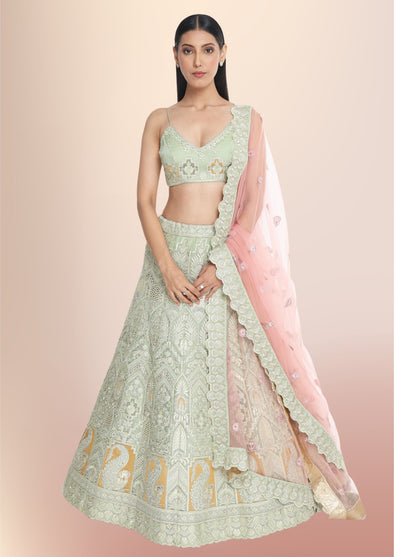 Embroidered Net Lehenga in Pastel Green : LQM589