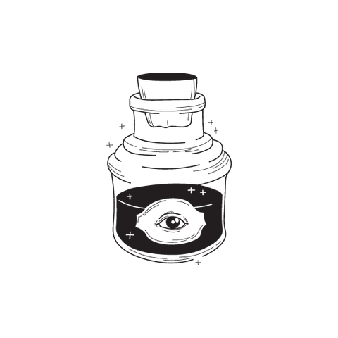 Drawing of Clear Glass Potion Bottle with Black Liquid inside. There is a sacred eye drawn on the outside label