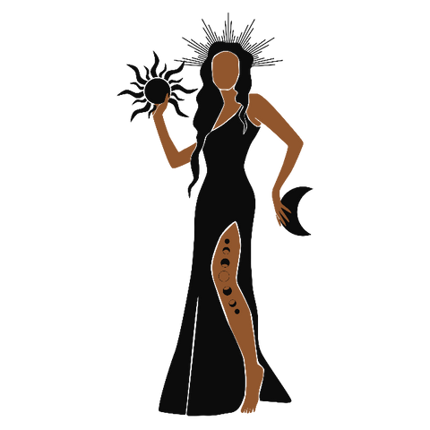 Crowned Dark Feminine Holding the Sun and Moon in Long Black Dress