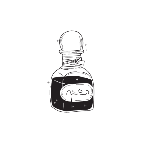 Black and White Potion Bottle. Clear Bottle with Mysterious black liquid inside.