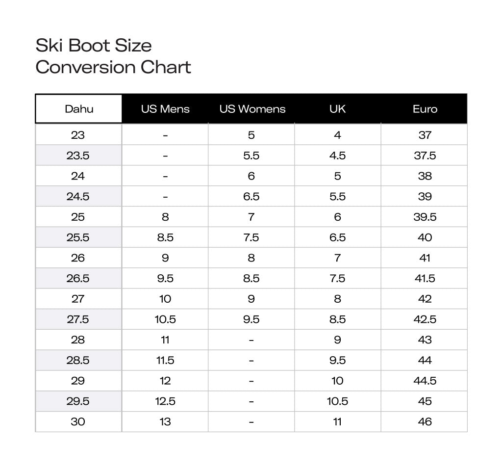 Mens Ski Boots Size Chart