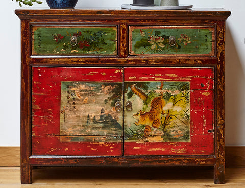 Vintage Chinese Painted Tiger Cabinet from Gansu