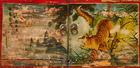 Vintage Painted Cabinet from Gansu China detail of door panel