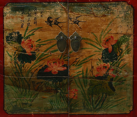 Vintage Painted Cabinet from Gansu China detail of right door panel
