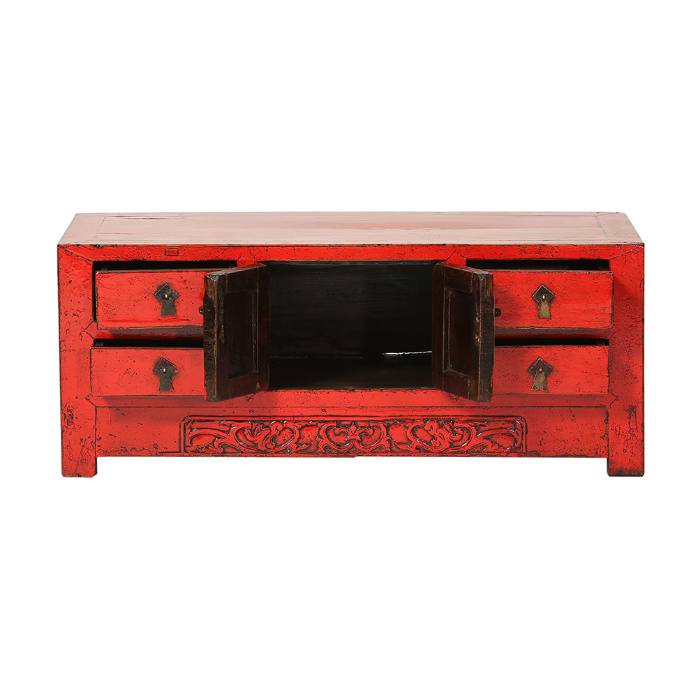 Vintage Red Sideboard From Tianjin With Carved Apron Rouge