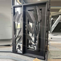 IWD-entry-banana-tree-shaped-single-steel-door-with-sidelight-oil-rubbed-bronze-square-top-front-ironwroughtdoors