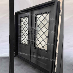 IWD IronWroghtDoors-black-entry-double-door-clear-glass-with-kickplate-front