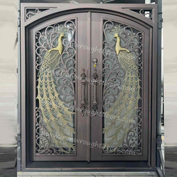 IWD IronWroghtDoors-steel--phoenix-shaped-double-entry-door-frosted-glass-operable-window-oil-rubbed-bronze-front