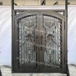 IWD IronWroghtDoors-steel-aged-bronze patina-entry-double-door-flemish-glass-with-sidelight-square-top-front