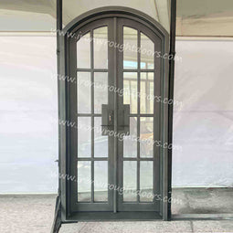 IWD IronWroghtDoors-steel-aged pewter patina-french-door-8-lite-clear-arched-top-front