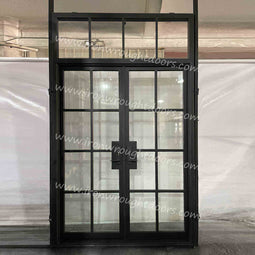 IWD IronWroghtDoors-steel-black-french-door-8-lite-clear-glass-square-top-with transom-front