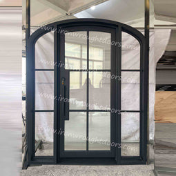 IWD IronWroghtDoors-steel-black-french-single-door-with-sidelights-6-lite-clear-arched-top-rain-glass-front