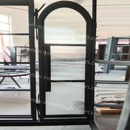IWD IronWroghtDoors-steel-black-single-door-3-lite-round-top-rainbow-glass-front