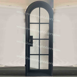 IWD IronWroghtDoors-steel-black-single-door-8-lite-clear-glass-round-top-front