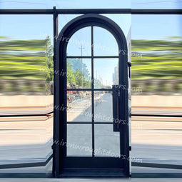 IWD IronWroghtDoors-steel-black-single-door-8-lite-round-top-clear-double-pane-glass-front