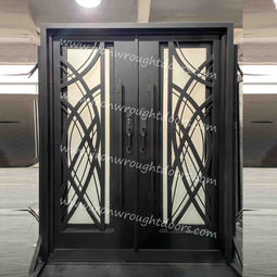 IWD IronWroghtDoors-steel-oil-rubbed-bronze-entrance-double-door-frosted-glass-one-lite-front