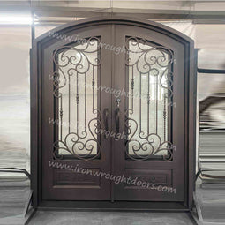 IWD IronWroghtDoors-steel-oil-rubbed-bronze-entry-double-door-rain-glass-with-kickplate-front