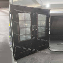IWD IronWroghtDoors-steel-oil-rubbed-bronze-entry-double-door-rain-glass-with-kickplate-screen-front