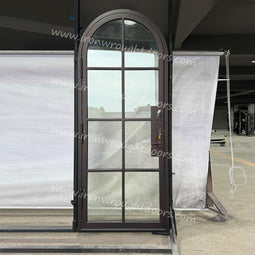 IWD IronWroghtDoors-steel-oil-rubbed-bronze-single-door-8-lite-clear-glass-round-top-front