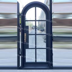 IWD IronWroghtDoors-steel-oil-rubbed-bronze-single-door-8-lite-round-top-clear-glass-front