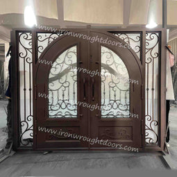 IWD IronWroghtDoors-steel-oil rubbed- bronze-entry-double-door-rain-glass-with-sidelight-square-top-arched-inside-back