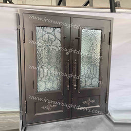 IWD IronWroghtDoors-steel-oil rubbed bronze-entry-double-door-water-cubic-glass-back