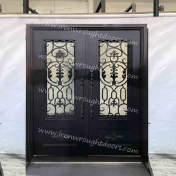 IWD IronWroghtDoors-steel-oil rubbed bronze-entry-double-door-water-cubic-glass-front