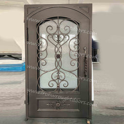 IWD IronWroghtDoors-steel-oil-rubbed bronze-entry-single-door-rain-glass-with-screen-front