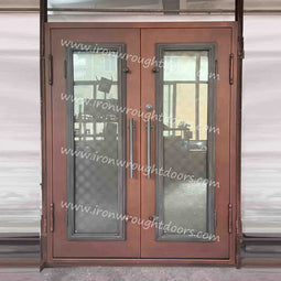 IWD IronWroghtDoors-steel-rusty-Red-entry-double-door-frosted-glass-with-screen-back