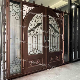IWD IronWroghtDoors-steel-rusty red-entry-double-door-clear-glass-with-sidelight-square-top-back