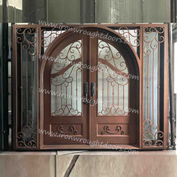 IWD IronWroghtDoors-steel-rusty red-entry-double-door-clear-glass-with-sidelight-square-top-front