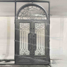 IWD IronWroghtDoors-steel-silver pewter-entry-transom-double-door-water cubic-glass-back
