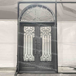 IWD IronWroghtDoors-steel-silver pewter-entry-transom-double-door-water cubic-glass-front